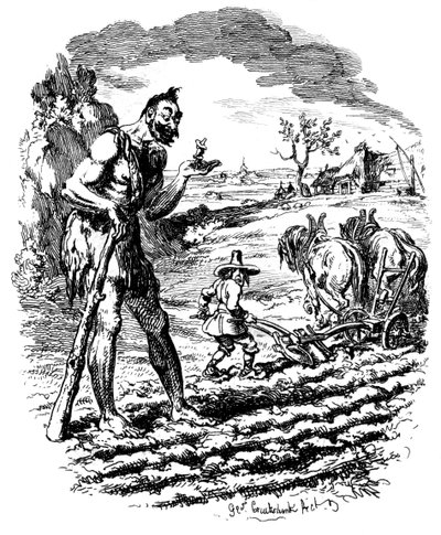 A Giant Stands in a Field as a Farmer Ploughs by George Cruikshank