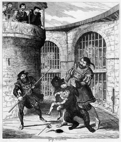Gog extricating Xit from the bear in the Lions Tower, 1840 by George Cruikshank