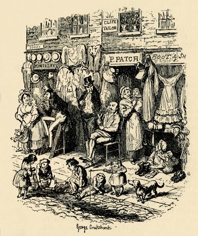 Monmouth Street, Soho, an illustration by G. Cruikshank for Dickens Sketches by Boz by George Cruikshank