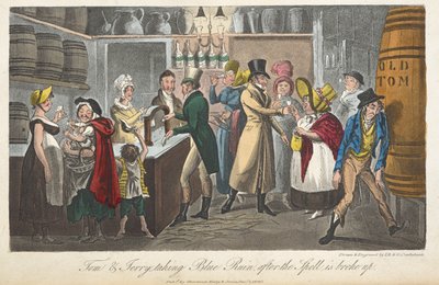 Tom & Jerry taking blue ruin after the spell is broke up, Life in London, etc., by Pierce Egan by George Cruikshank