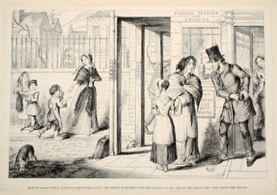 Unable to obtain employment, they are driven by poverty into the streets to beg, and by this means they still supply the bottle by George Cruikshank