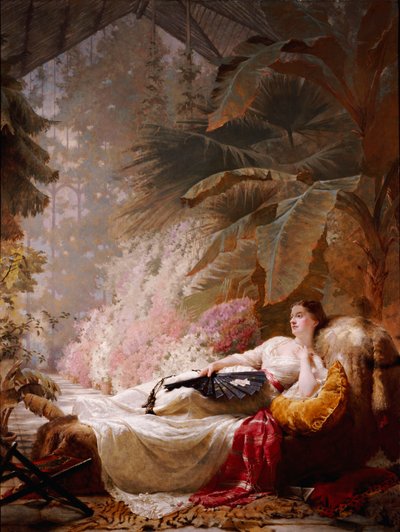 Portrait of Adelaide Maria Guinness, Reclining on a Sofa in a Conservatory by George Elgar Hicks