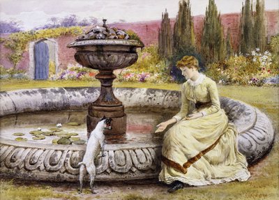 A Lady and a Dog Beside an Ornamental Pool by George Goodwin Kilburne