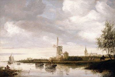 A River Landscape with Barges and Sailboats and a Church beyond by George Henry Clements