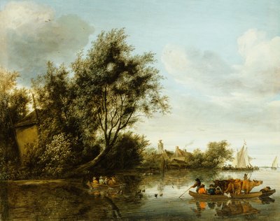 A River Landscape with a Hayloft among Trees and a Ferryboat with Passengers and Cattle by George Henry Clements