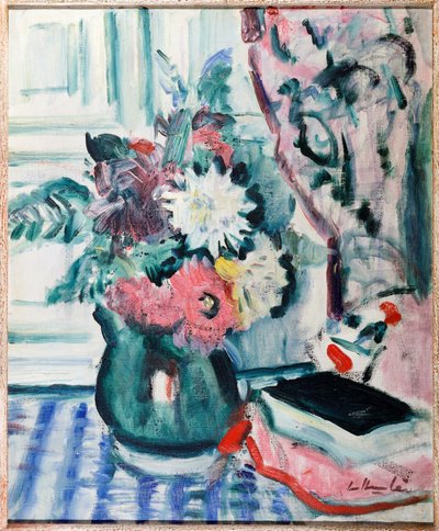 Mixed Dahlias in a Green Vase, with a Book on a Chequered Tablecloth by George Leslie Hunter