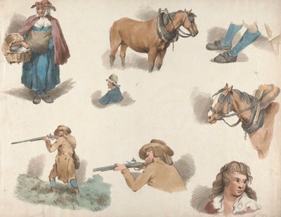 Set of Five: Eight studies: Woman with Basket, Blinkered Cart Horse, etc. by George Morland