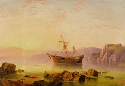 A ship at anchor in a bay at sunset by George Mounsey Wheatley Atkinson
