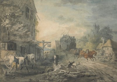A Stagecoach and Four Dashing Through a Village on the Bath-London Road by George Robertson