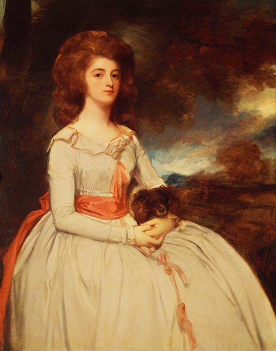 Portrait of Mrs. Moody, Second Wife of Samuel Moody, Seated Three-Quarter Length in a White Dress Trimmed with Pink Bows and a Pink Sash, Holding a Dog on Her Lap, in a Landscape by George Romney
