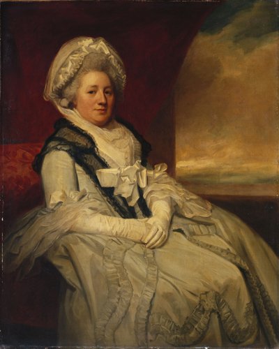 Portrait of Mrs. Uppleby, Seated Three-Quarter Length, Wearing a White Dress and Bonnet with a Black Shawl by George Romney