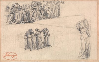 Two Sketches of Women and Children Fleeing and Standing Female Figure Playing Tambourine as for Lady Anne Leveson in "Dancing Gower Children" by George Romney