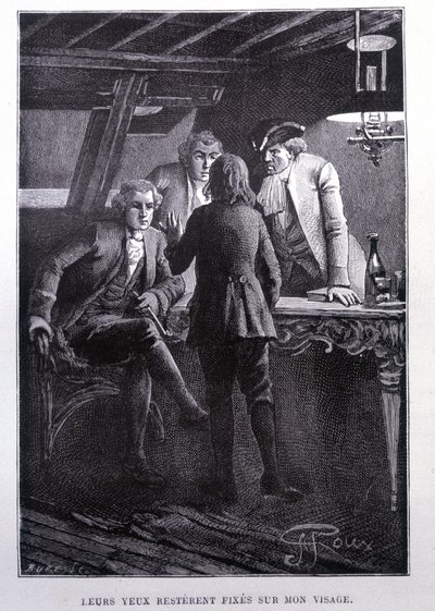 Story scene in the ship square: young Jim Hawkins in front of Dr. Livesey and the Chevalier Trelawnay - in Stevenson