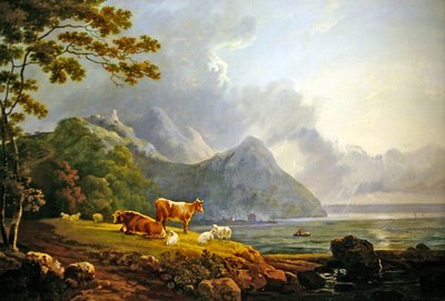 An Extensive Landscape with Sheep and Cows by George Senior Barrett