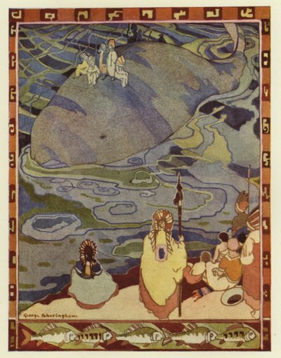 Glooskap gathered his people on the shore and bade the whales carry them to their old home by George Sheringham