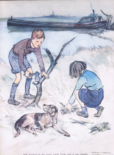 Bill chopped the wood, while Vicky tied it into bundles, from Mudlarks published by Collins by George Vernon Stokes
