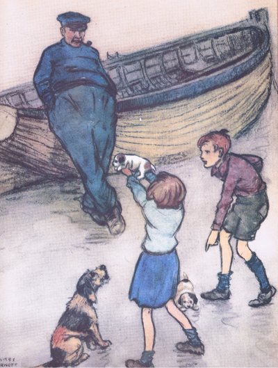 Rosie looked on anxiously while her babies were being shown off, from Mudlarks published by Collins by George Vernon Stokes