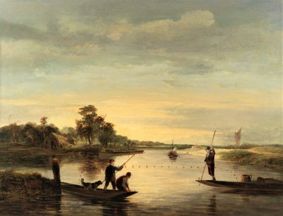 A View on the Broads with Men Fishing from Punts by George Vincent