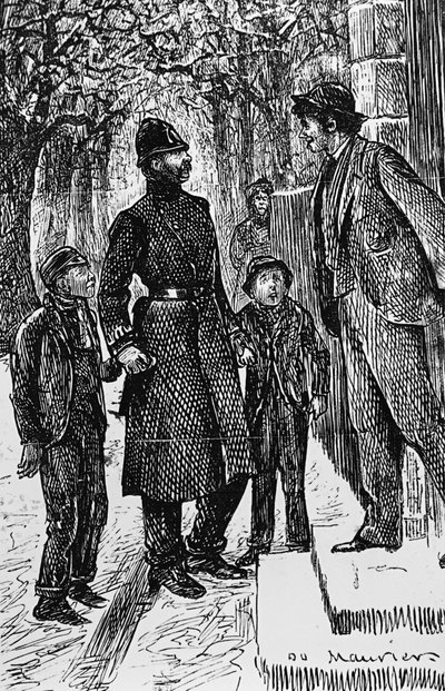 A London Policeman Presenting Two Street Arabs to the Gentleman in Front of Whose Doorstep They Have Been Making a Slide on the Ice by George du Maurier