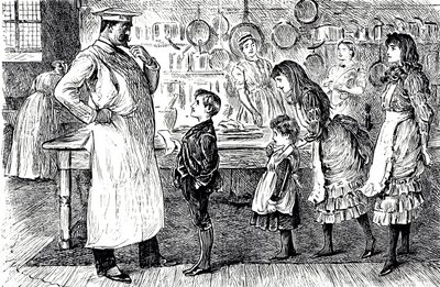 A cartoon depicting a chef taking orders from the children of the house by George du Maurier