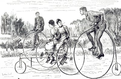 A group of young people riding tricycles by George du Maurier