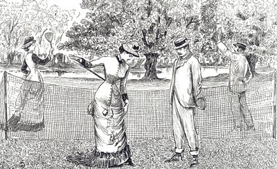 Engraving depicting a female tennis player in discomfort because of her new rubber shoes by George du Maurier