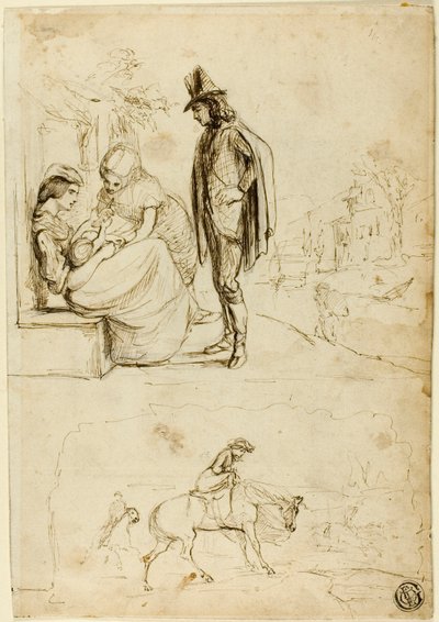 Two Sketches: Two Women and Baby with Man Looking On by George du Maurier
