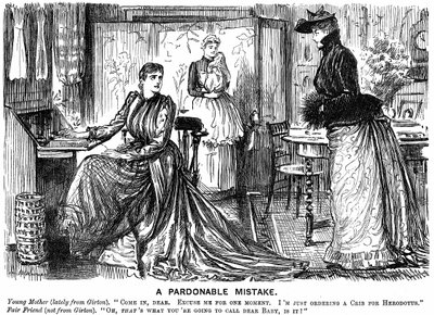 University education for women making their conversation confusing for their less educated friends. George du Maurier cartoon from Punch London 7 December 1889. by George du Maurier