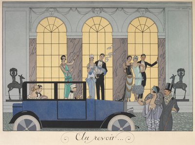 Goodbye. People Leaving in a Car. People in Evening Dress by Georges Barbier