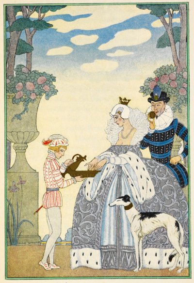Elizabethan England. A Lady and Gentleman, and Servant. A Greyhound. by Georges Barbier