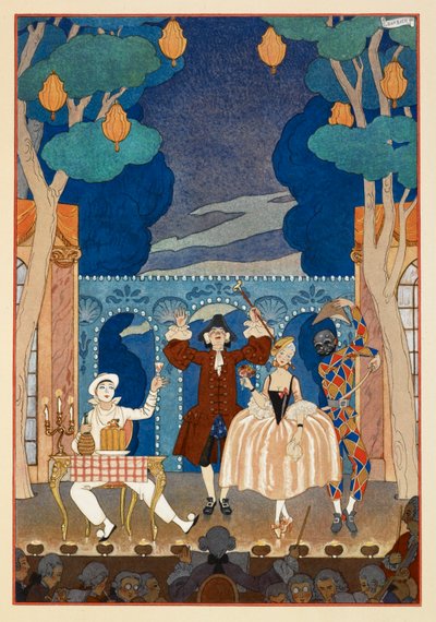 Pantomine. Pierrot and Harlequin. A man and pretty woman. All on a stage. by Georges Barbier