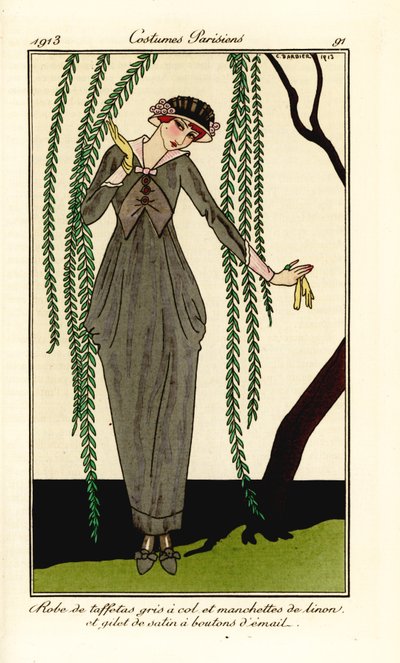 Woman in grey taffeta dress with linen collar and cuffs, satin gilet with enamel buttons, under a willow tree by Georges Barbier