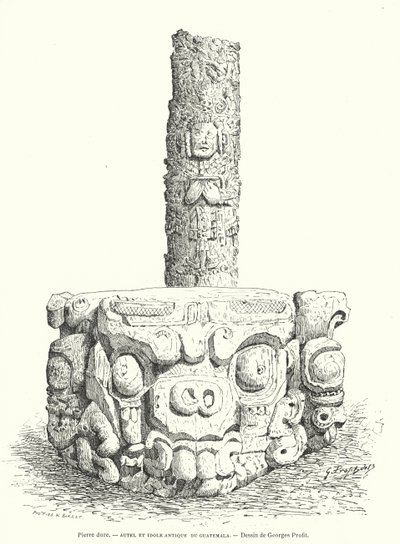 Mayan Carved Stone Altar and Idol from Guatemala (engraving) by Georges Ernest Profit