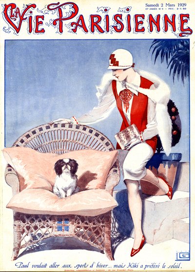 Paul wished to go skiing... but Kiki prefers the sunshine - illustration from La Vie Parisienne by Georges Leonnec