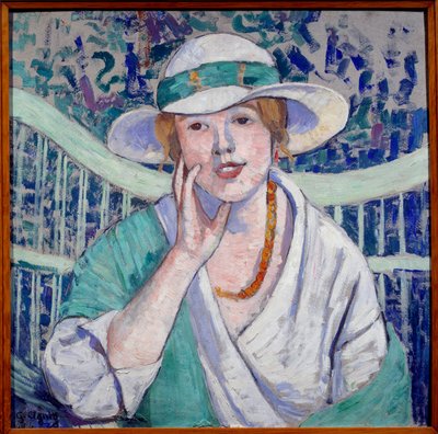 Portrait of Lady with White and Green Hat by Georgette Agutte