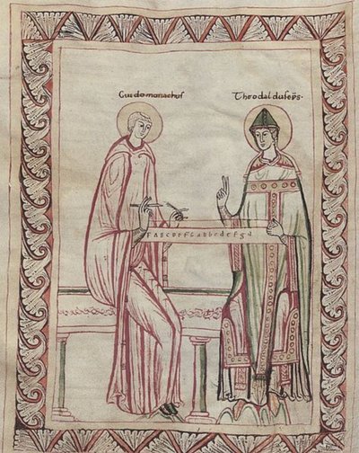 Guido of Arezzo and Bishop Tedald Working on Monochord, 11th Century Miniature by Georgia Levan Ramishvili from Tbilisi