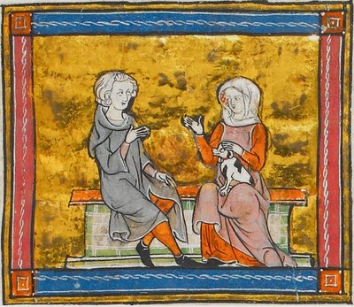 Lancelot in conversation with a lady holding a small black and white dog, from Morte Artu, c. 1315-1325 by Georgia Levan Ramishvili from Tbilisi
