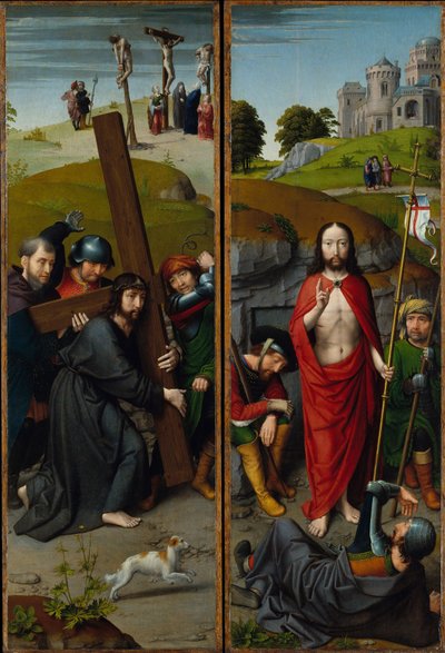 Christ Carrying the Cross, with the Crucifixion; The Resurrection, with the Pilgrims of Emmaus, c.1510 by Gerard David