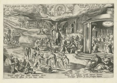 Father Time amidst scenes of works of mercy and Christian virtues by Gerard de Jode