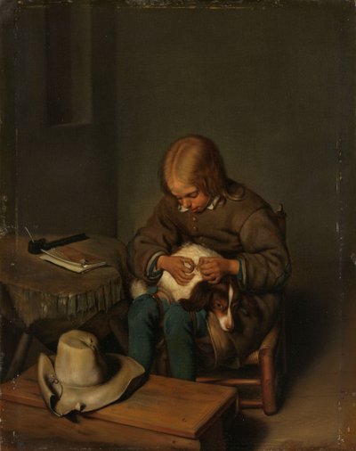 Boy Fleaing a Dog by Gerard ter Borch (II) (copy after)