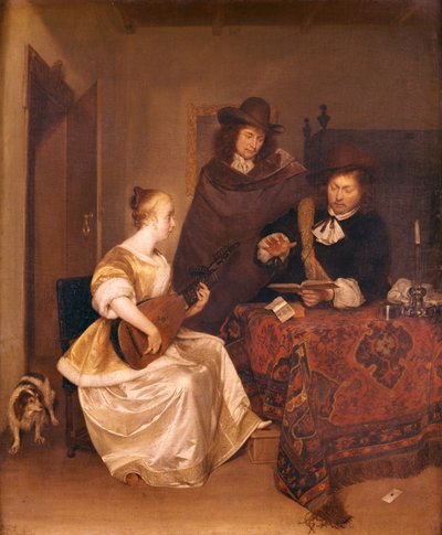 A Young Woman Playing a Theorbo to Two Men, 1667-68 by Gerard ter Borch