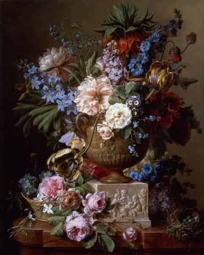 Still Life with Flowers in a Stone Vase on a Pedestal by Gerard van Spaendonck