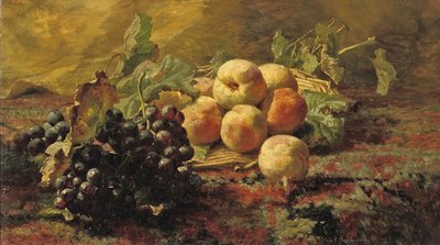 Blue Grapes and Peaches in a Wicker Basket by Gerardina Jacoba van de Sande Bakhuyzen