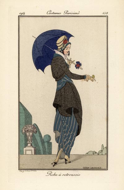 Woman in ruched dress and coat with hat and parasol by Gerda Marie Frederike Wegener