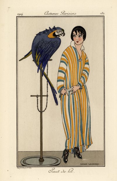 Woman in striped nightgown with pet parrot by Gerda Marie Frederike Wegener