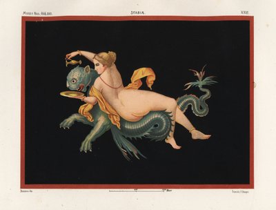Nereid sea nymph supported by a monster, half panther and half fish. Museo Naz. XXII, Stabiae. Chromolithograph by Victor Steeger after an illustration by Geremia Discanno from Emile Presuhn The Most Beautiful Paintings of Pompeii, Leipzig by Geremia Discanno