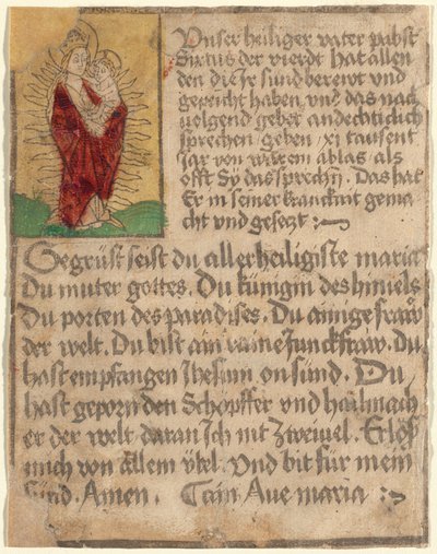 Madonna and Child in a Glory with an Indulgence and a Prayer by German 15th Century