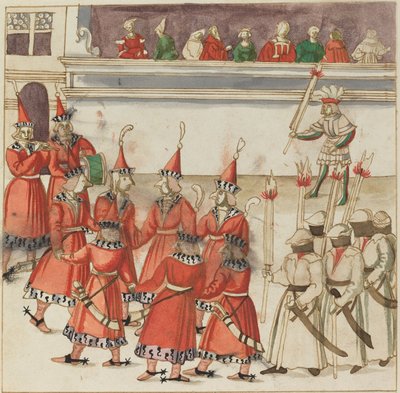 Seven Men in Red Gathered in a Circle by German 16th Century