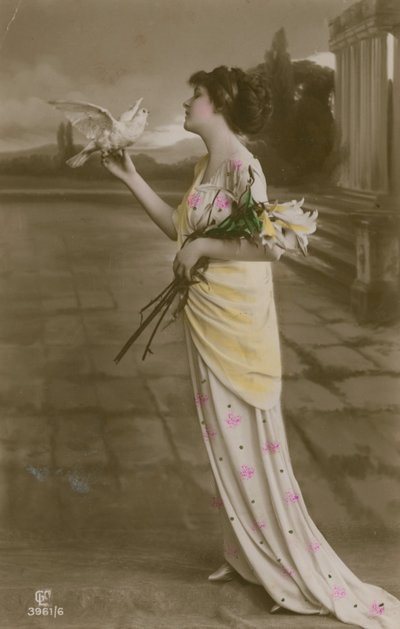 Postcard of a Beautiful Girl with Lilies and a Dove, Sent in 1913 by German Photographer