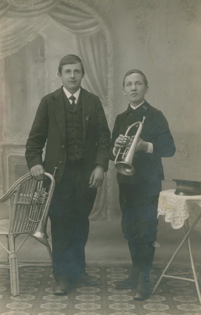 Postcard of Two Young Men with Trumpets, One in Salvation Army Uniform, Sent in 1913 by German Photographer